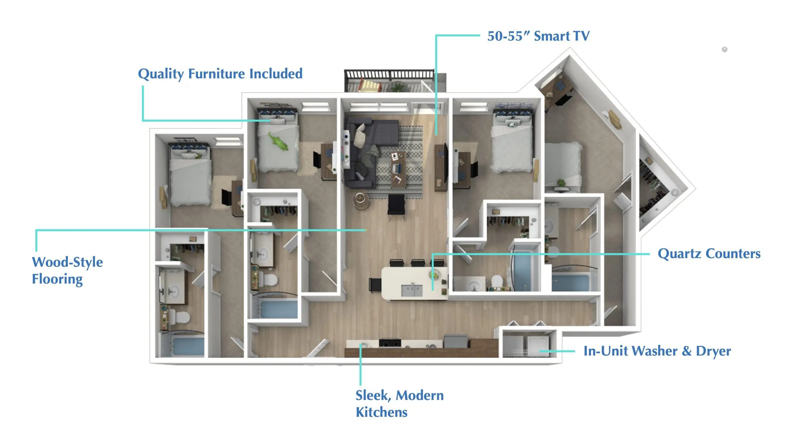 Alsander Gainesville Furnished Student Apartments Near UF: Floor plan Amenity callouts